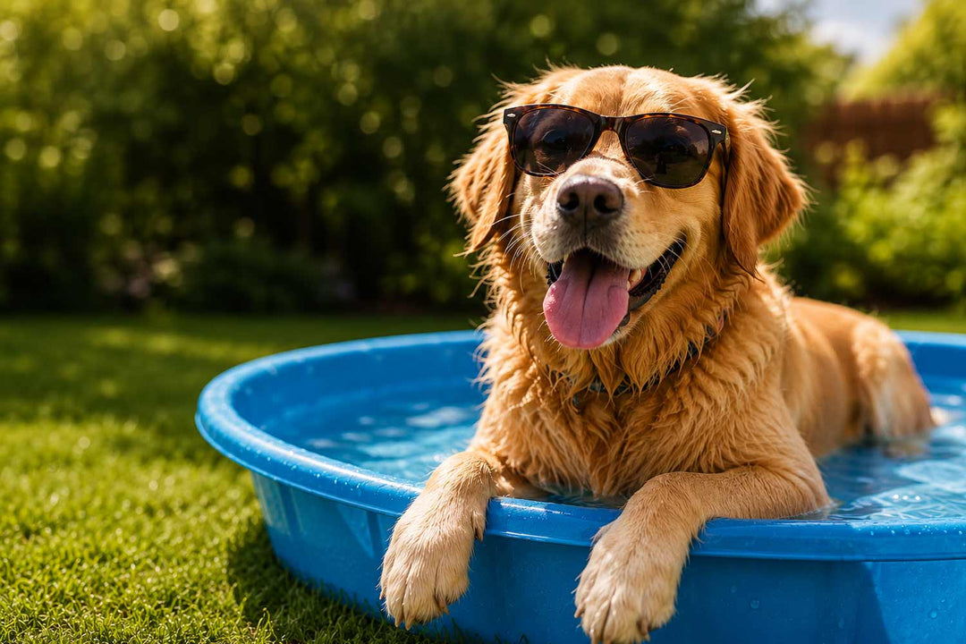 Golden Retriever relaxing in a blue paddling pool on a hot summer day.