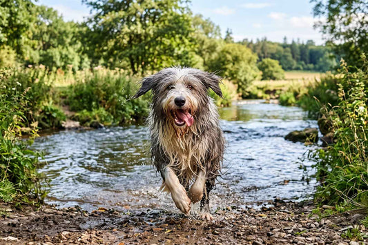 Long-haired dog running out of a river on a summer walk