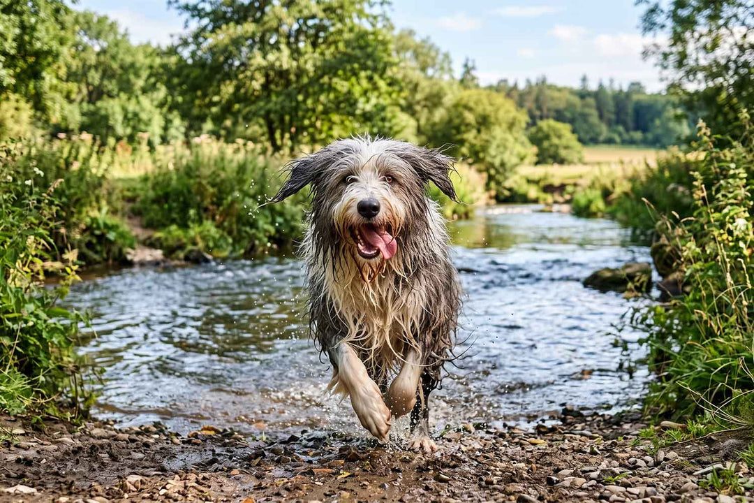 Long-haired dog running out of a river on a summer walk