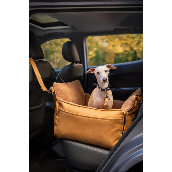 Dog Car Seat Carrier Orthopedic Crushed Foam, Camel, Vegan Leather