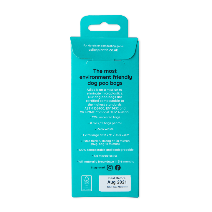 Adios Plastic - Compostable Dog Poo Bags - 8 Rolls in Rainbow (120 Bags)