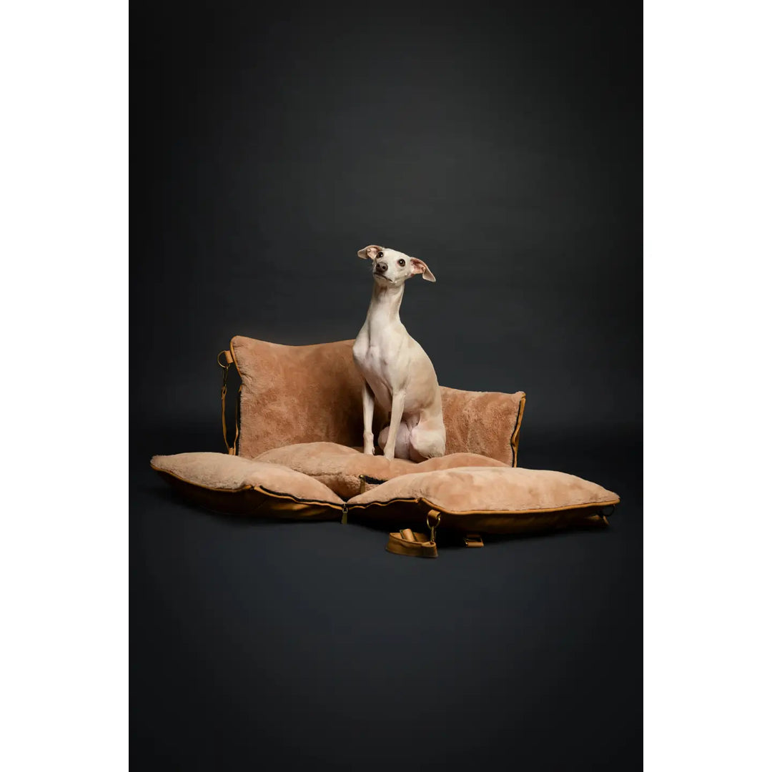 Dog Car Seat Carrier Orthopedic Crushed Foam, Camel, Vegan Leather