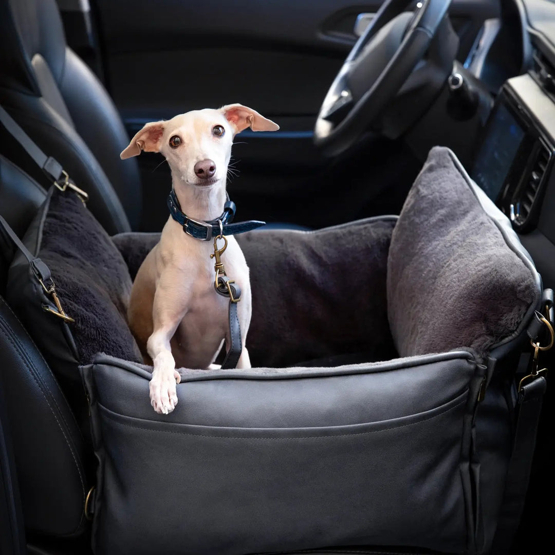 Dog Car Seat Carrier Orthopedic Crushed Foam, Black, Vegan Leather