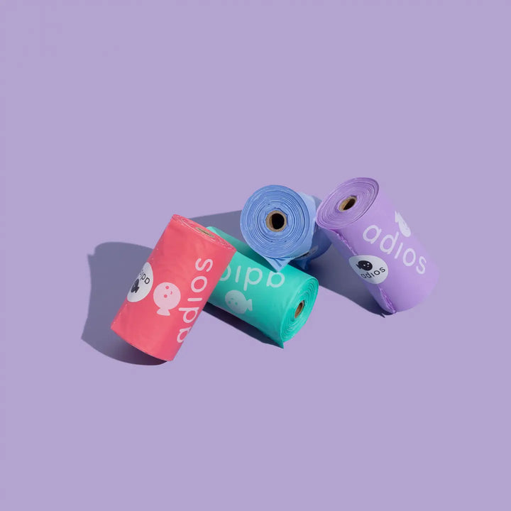 Adios Compostable Dog Poo Bags - 8 Rolls in Rainbow (120 Bags)