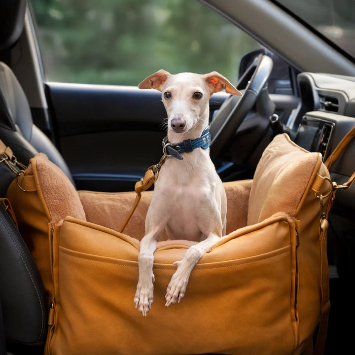 Dog Car Seat Carrier Orthopedic Crushed Foam, Camel, Vegan Leather