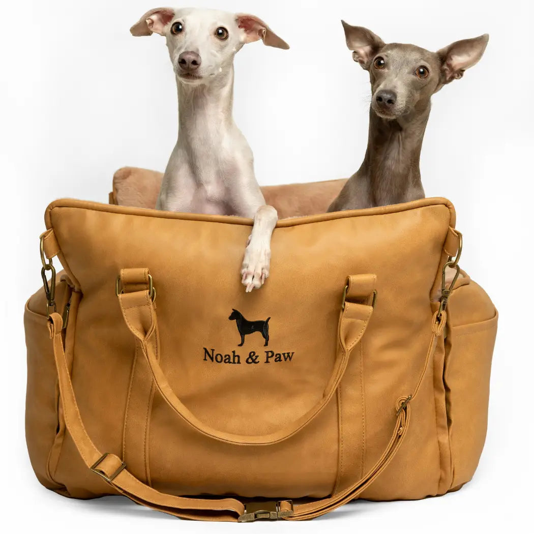 Dog Car Seat Carrier Orthopedic Crushed Foam, Camel, Vegan Leather