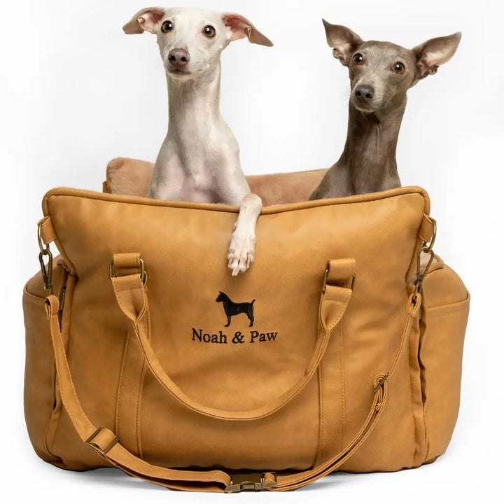 Dog Car Seat Carrier Orthopedic Crushed Foam, Camel, Vegan Leather