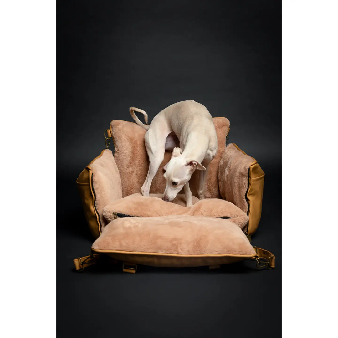 Dog Car Seat Carrier Orthopedic Crushed Foam, Camel, Vegan Leather