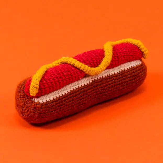 Hand Knit Hot Dog Dog Toy